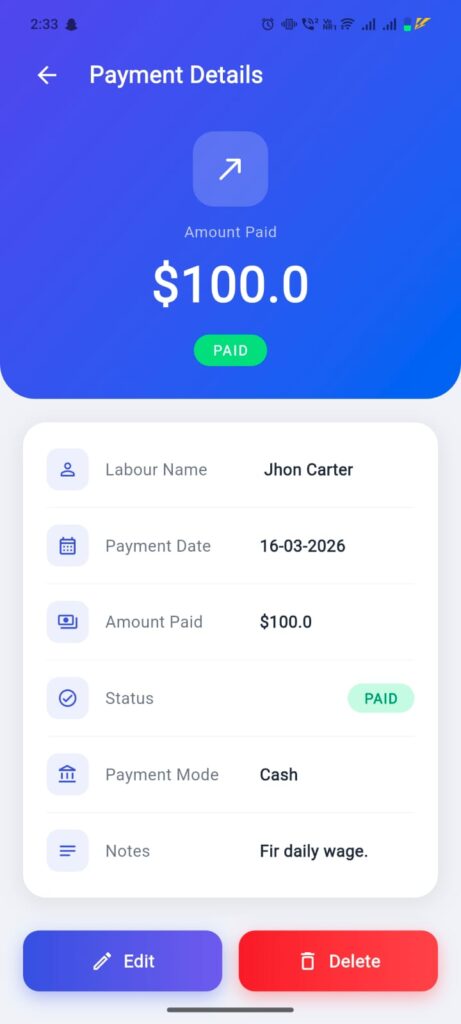 Tracking material expenses and payment modes in a mobile labour management system
